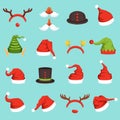 Hats of different christmas characters. Cap of santa, elf and snowman. Vector illustrations in cartoon style Royalty Free Stock Photo