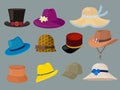 Hats. Fashion clothes for stylish man and woman wardrobe vector cartoon set