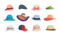 Hats. Fashioned head clothes summer caps and hats for woman garish vector illustrations collection isolated Royalty Free Stock Photo