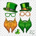 Hats, Glasses, Green and Red Beards - Set of St. Patricks Day - elements, objects, icons. Vector illustration isolated