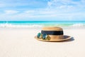 Hats and glasses placed on the beach and sea have a holiday summer relaxing and travel bright sky