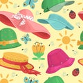 Hats and headgears seamless pattern. Cartoon summer wide brimmed panama. Caps and bowlers with ribbons. Straw boater Royalty Free Stock Photo