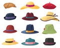 Hats and headgears. Stylish summer male and female headwear, vintage classic and modern hats, clothes accessory colorful