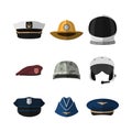 Hats and helmets. Headgear of soldier, aviator, policeman and captain. Icon of cap in flat style