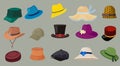 Hats. Male and female fashion clothes retro cap elegant style hipster wardrobe accessories vector cartoon hats