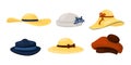 Hats for men and women. Fashion clothing. Vintage caps and panamas. Ladies and gentlemen head wearing collection. Summer