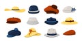 Hats. Men and women fashion vintage caps and panamas, classic ladies and gentlemen had wearing collection. Summer and