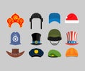 Hats set. Green beret and hat cylinder. Cowboy and policeman. Aristocrat and British sheriff. Statue of Liberty and Uncle Sam. Royalty Free Stock Photo