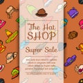 Hats shop market store banner vector illustration. Different clothing sale style cap cloth accessories poster. Seasonal