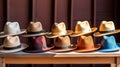 Hats in a store are stacked in rows for display Royalty Free Stock Photo
