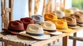 Hats in a store are stacked in rows for display Royalty Free Stock Photo