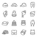 Hats types, caps assortment knitting, with earflaps, pompom thin line icons set isolated on white.