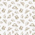 Hats Vector Seamless Background Pattern. Hand Drawn Cowboy Hat, Cylinder, Snapback Cap and Italian Hat Sketches. Head