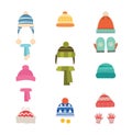 Hats winter warm. Hats with scarf and with gloves, mittens. Isolated icons on white background. Set of hats and scarves