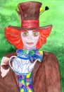 The hatter has tea. Illustration for Lewis Carroll `s fairy tale `Alice `s Adventures in Wonderland.` Children`s drawing