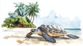 Hattes Beach - Turtle nesting. Hattes Beach - Turtle nesting hand drawn watercolor illustration Royalty Free Stock Photo