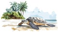 Hattes Beach - Turtle nesting. Hattes Beach - Turtle nesting hand drawn watercolor illustration Royalty Free Stock Photo