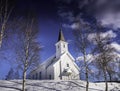 Hattfjelldal Church, Norway. Very sunny day, much snow, very deep blue sky and almost no clouds, front view