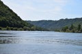 Hatzenport, Germany - 05 18 2020: Mosel with camping site island