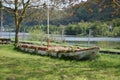 Hatzenport, Germany - 04 28 2022: old boat with bloomign plants