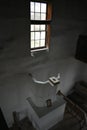 Old log church interior in Wisconsin pulpit under the window Royalty Free Stock Photo