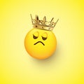 Haughty emoji with crown isolated on yellow background. Vector design element.