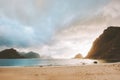 Haukland sandy beach in Norway sunset sea landscape Lofoten islands nature beautiful travel destinations