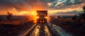 Concept Mining Industry, Openpit Haul truck transports mined material in openpit mine at sunset Royalty Free Stock Photo