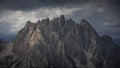 Haunold mountain chain with dark clouds during sunset at Three Peaks Hut in the Dolomite Alps in South Tyrol Royalty Free Stock Photo