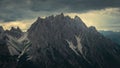 Haunold mountain chain with storm clouds during sunset at Three Peaks Hut in the Dolomite Alps in South Tyrol Royalty Free Stock Photo
