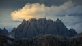 Haunold mountain chain with storm clouds during sunset at Three Peaks Hut in the Dolomite Alps in South Tyrol Royalty Free Stock Photo