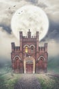 Haunted house on the hill and moon. Halloween dark scene Royalty Free Stock Photo