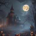 Haunted abandoned house. Pumpkins, candles, gloomy atmosphere, based around Halloween Royalty Free Stock Photo