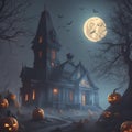 Haunted abandoned house. Pumpkins, candles, gloomy atmosphere, based around Halloween Royalty Free Stock Photo