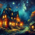 A haunted house in starry night, magical elements, autumn, village street, painting art of Van Gogh style