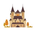 Haunted castle in a gothic architecture style in autumn isolated on a white background. Medieval castle drawing