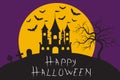 Haunted castle on hill and bats on moonlight with text Happy Halloween Royalty Free Stock Photo