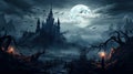 Haunted castle, old scary gothic mansion at Halloween night in forest Royalty Free Stock Photo