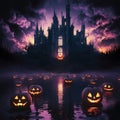 Haunted Castle at Twilight with JackoLanterns on a Lake Royalty Free Stock Photo