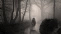 A haunted concept. Of a woman ghost standing in water. On a foggy winters day. In a spooky forest