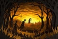 A haunted cornfield with scarecrows and eerie lighting, creating a spooky atmosphere