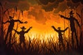 A haunted cornfield with scarecrows and eerie lighting, creating a spooky atmosphere