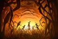 A haunted cornfield with scarecrows and eerie lighting, creating a spooky atmosphere