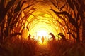 A haunted cornfield with scarecrows and eerie lighting, creating a spooky atmosphere