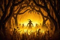 A haunted cornfield with scarecrows and eerie lighting, creating a spooky atmosphere
