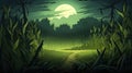 haunted cornfield with tall stalks, cartoon illustration, halloween background, ai generative