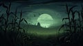 haunted cornfield with tall stalks, cartoon illustration, halloween background, ai generative