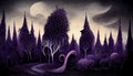 Haunted forest creepy landscape illustration. Fantasy surreal Halloween forest background
