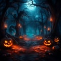 Haunted forest and creepy landscape at night. Fantasy Halloween forest background.