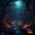 Haunted forest and creepy landscape at night. Fantasy Halloween forest background.